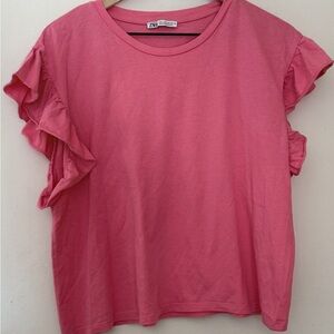 ZARA Pink Ruffle Sleeve Short Sleeve Crew Neck Tee Shirt Women’s Size Large
